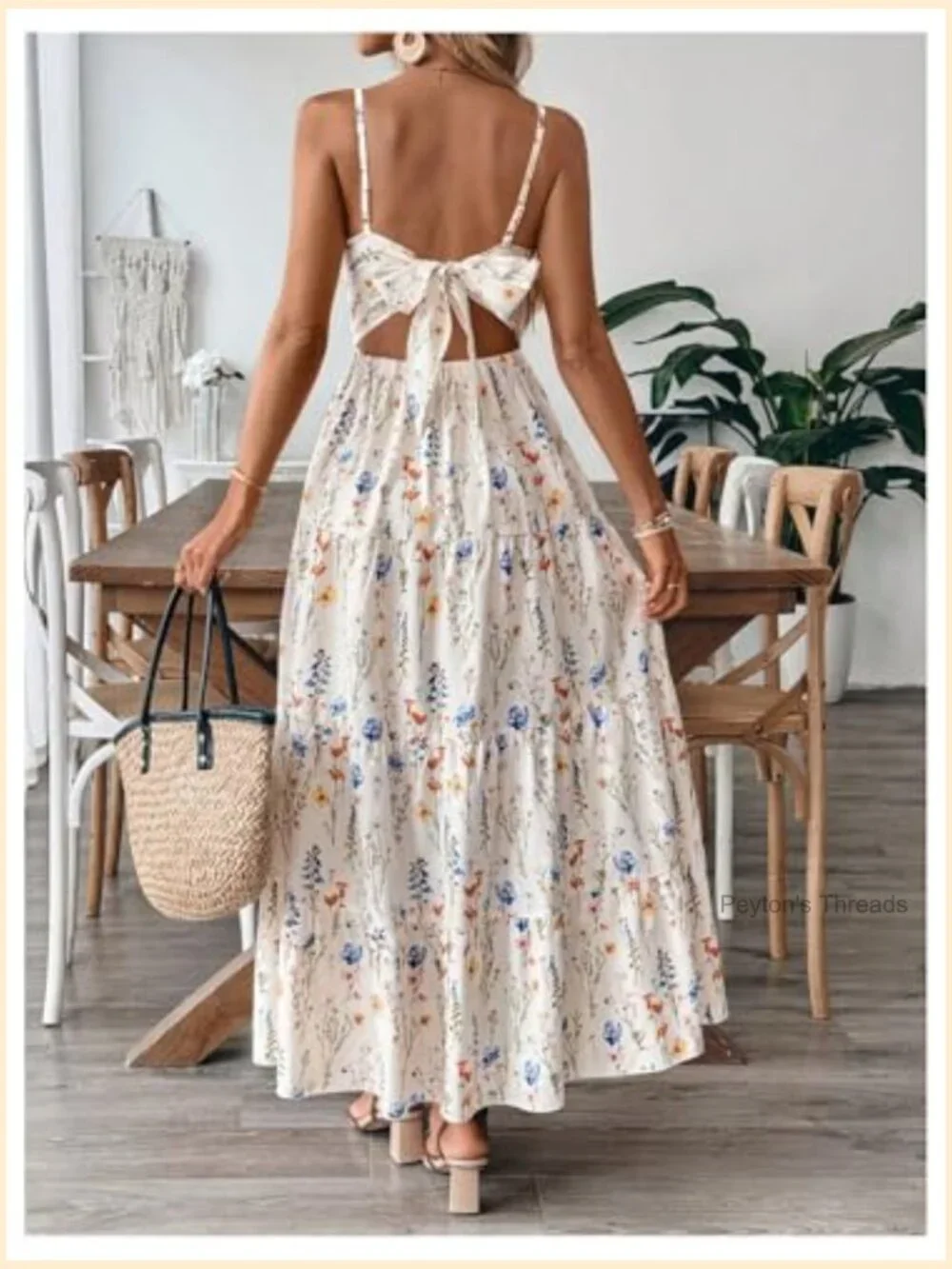Floral Boho Maxi Dress Tiered Ruffle Spaghetti Strap Casual Summer Vacation - Picture 2 of 5